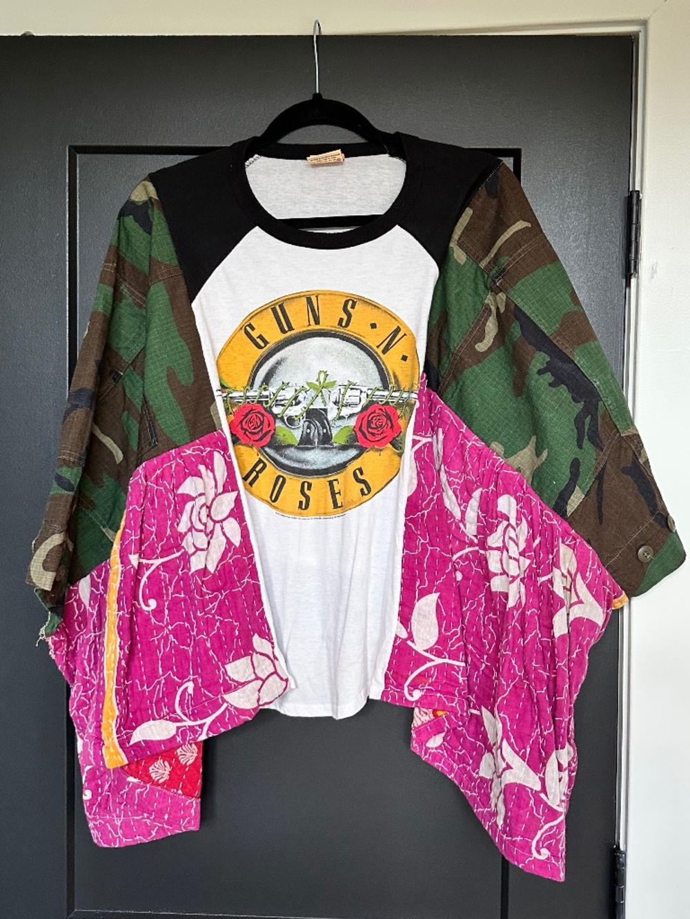 The Morgan Factory Guns N’ Roses Band Tee – Upcycled Camo & Kantha Sari OS